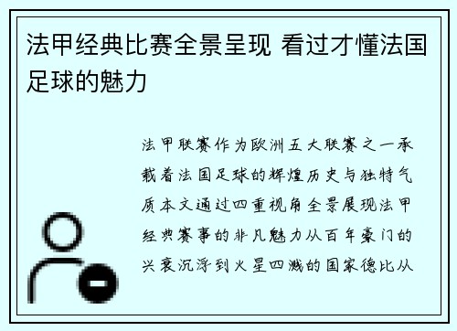 法甲经典比赛全景呈现 看过才懂法国足球的魅力